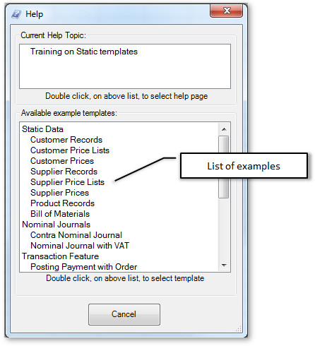 PostTrans Help window showing the available example templates list