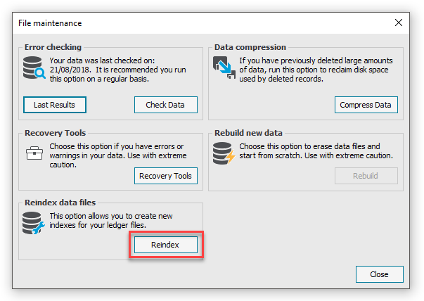 Sage 50 maintenance options for compressing and re-indexing data