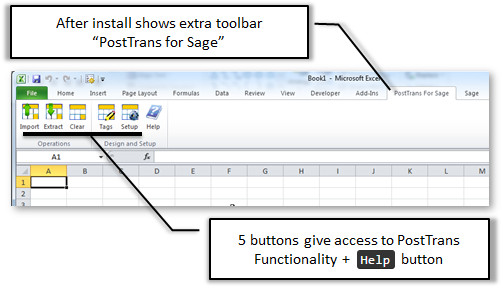 PostTrans Excel toolbar and its Help, Extract and Import controls