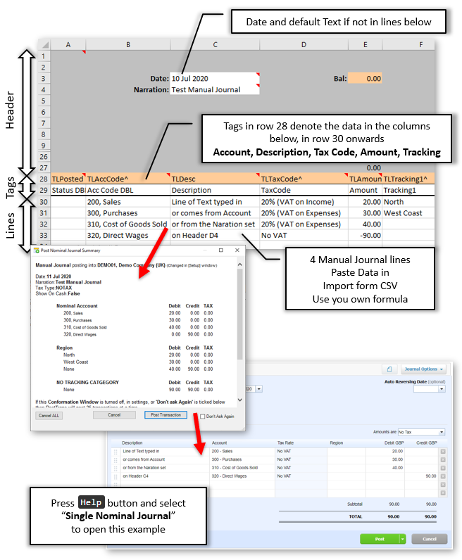 Simple Manual Journal, single column, in Excel