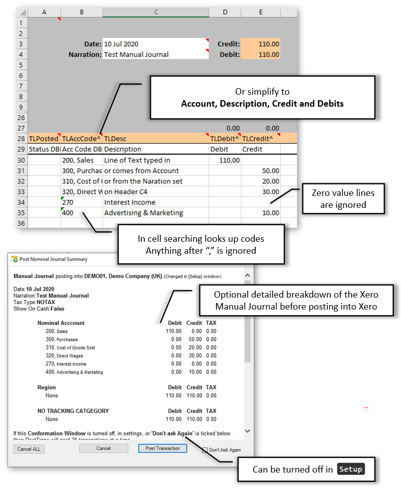 Simple Manual Journal, Credit/Debit column, in Excel