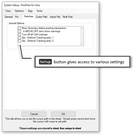 Switches in Setup window